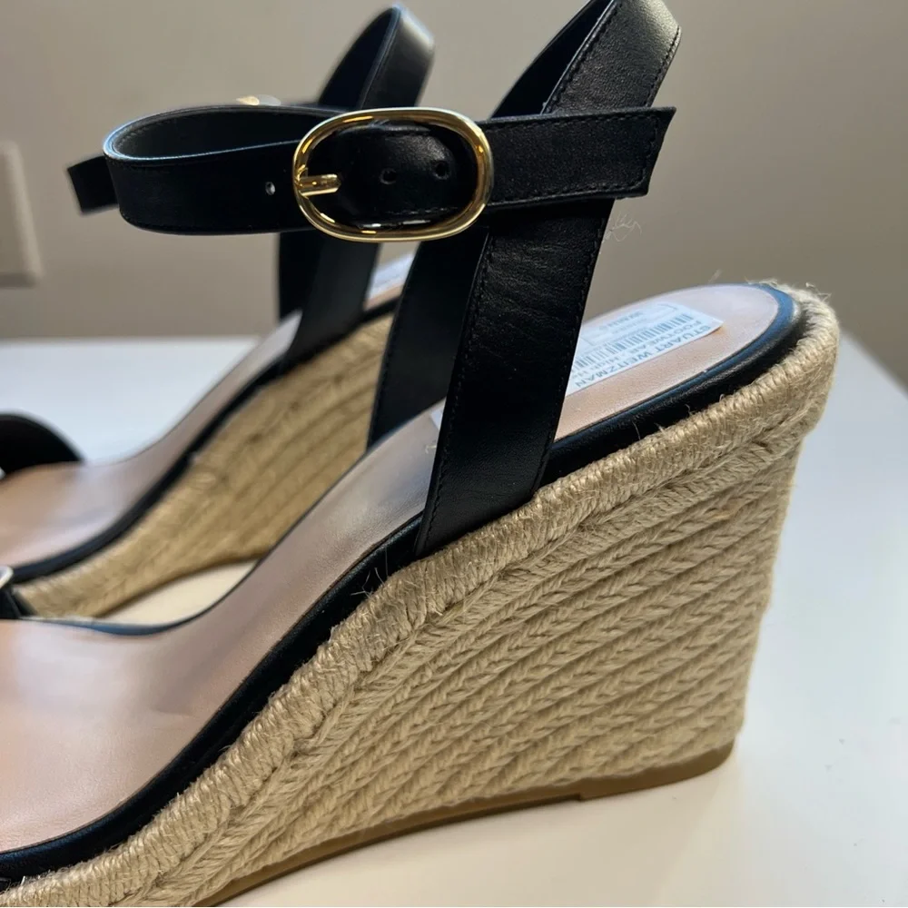 Stuart Weitzman Teddi Wedge Heel Leather Espadrille Sandals Womens 9.5 Black New